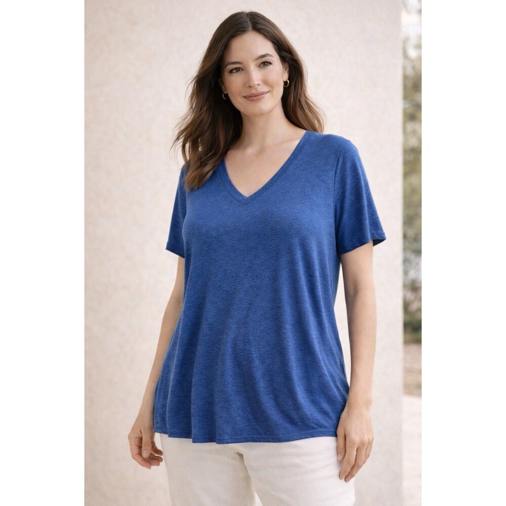 Tahari Womens Plus Size Blue V Neck Top Linen Lyocell Relaxed Fit - Picture 11 of 11